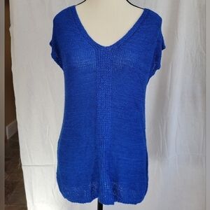 August Silk royal blue v neck tie back short sleeve open knit pullover top M